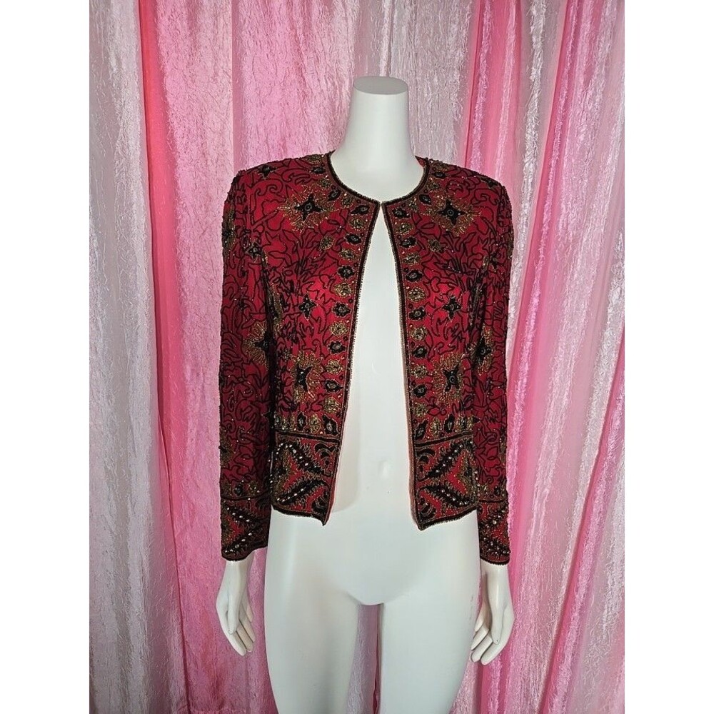 Vintage Adrianna Papell Red Silk Exquisite Beaded Evening Jacket Size 8 - Picture 2 of 16